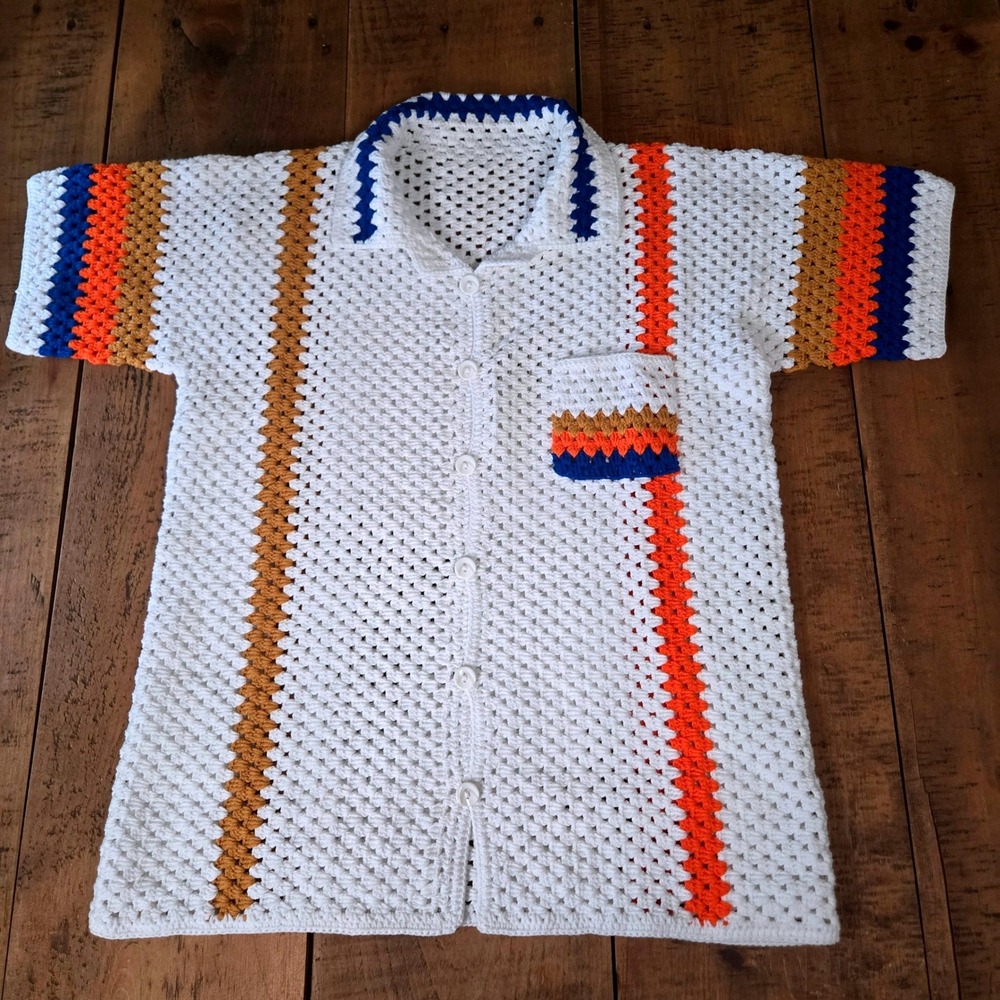 MerlaDesigns Unisex Crochet Shirt Summer Boho Retro Knit Overshirt White Cotton
